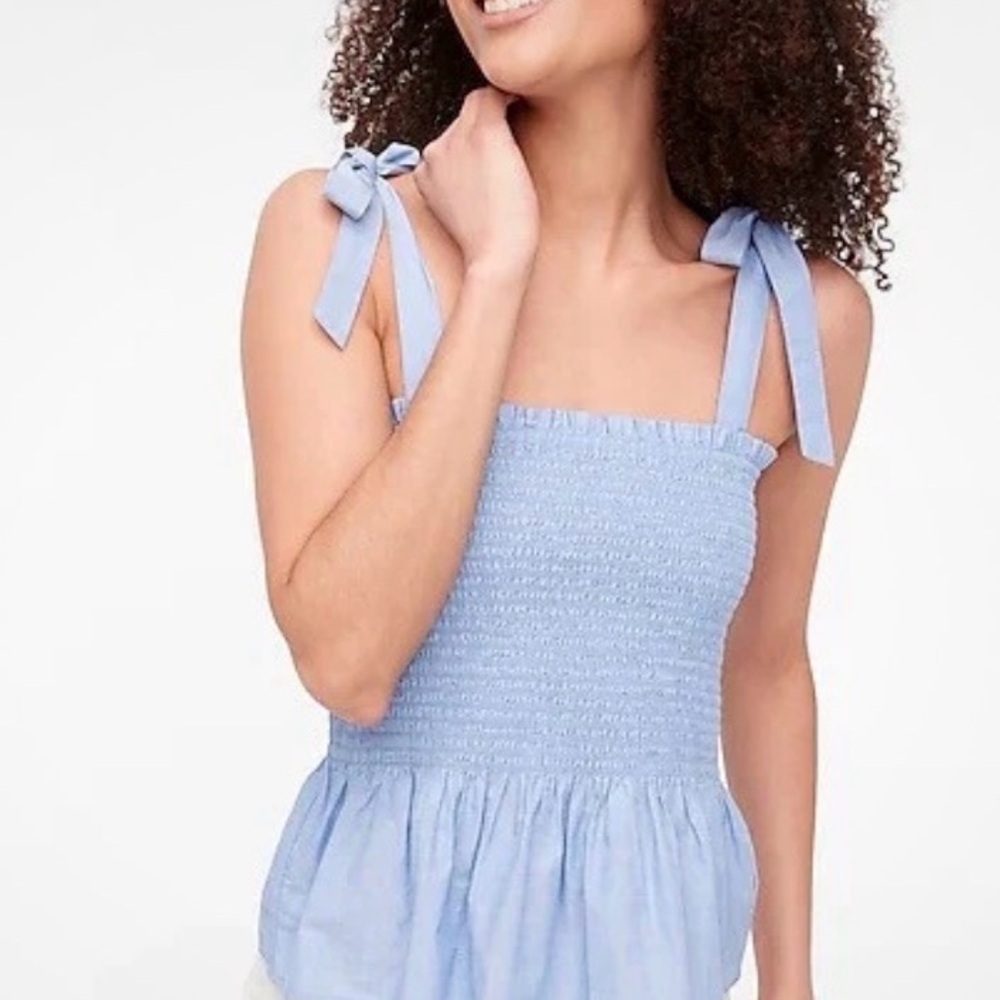 J. Crew Medium Blue Smocked Tie-Shoulder Tank Top Chambray Fabric Stretchy - Picture 2 of 10